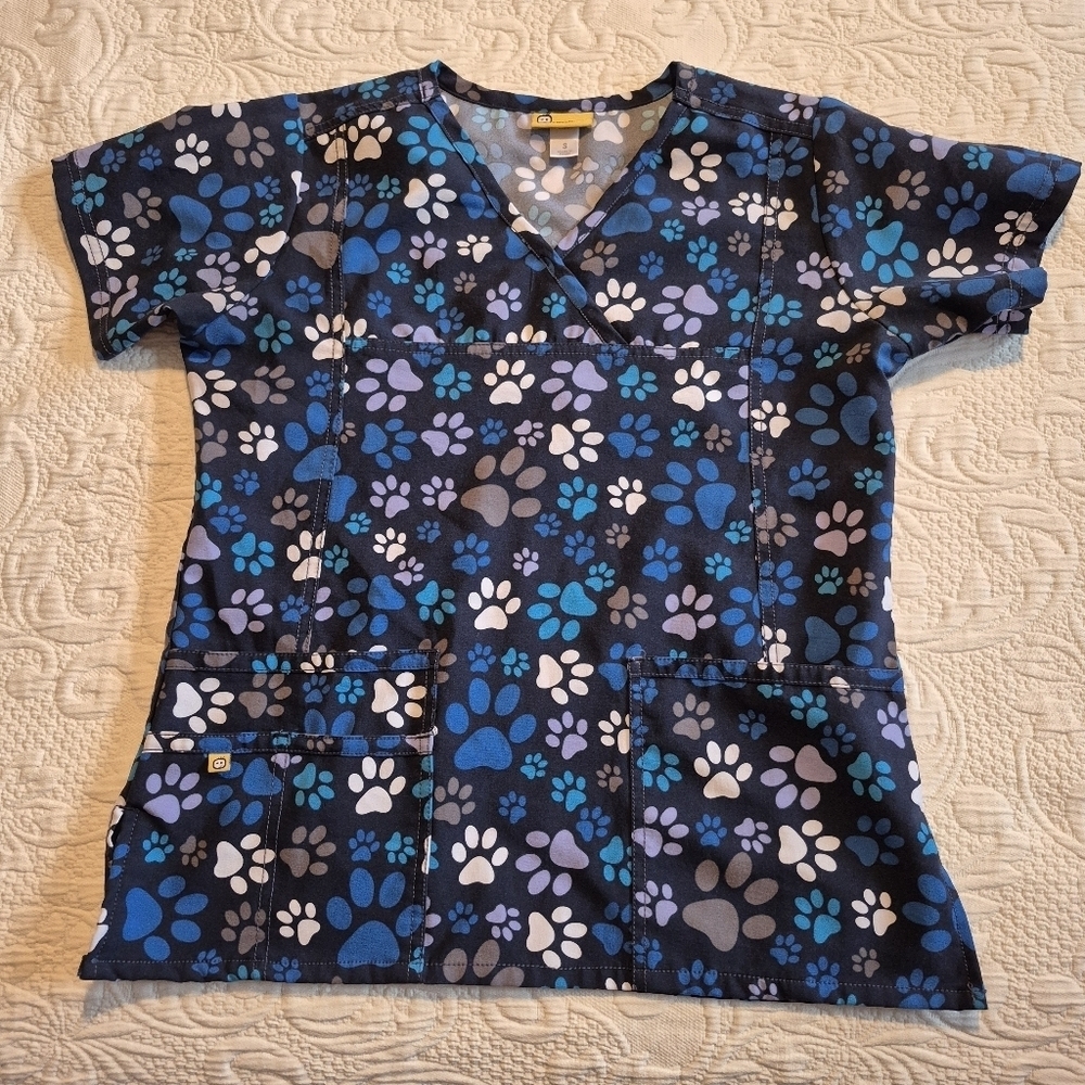 Wonder Wink uniform shirt small blue gray white scrub top 2 front pockets VGUC